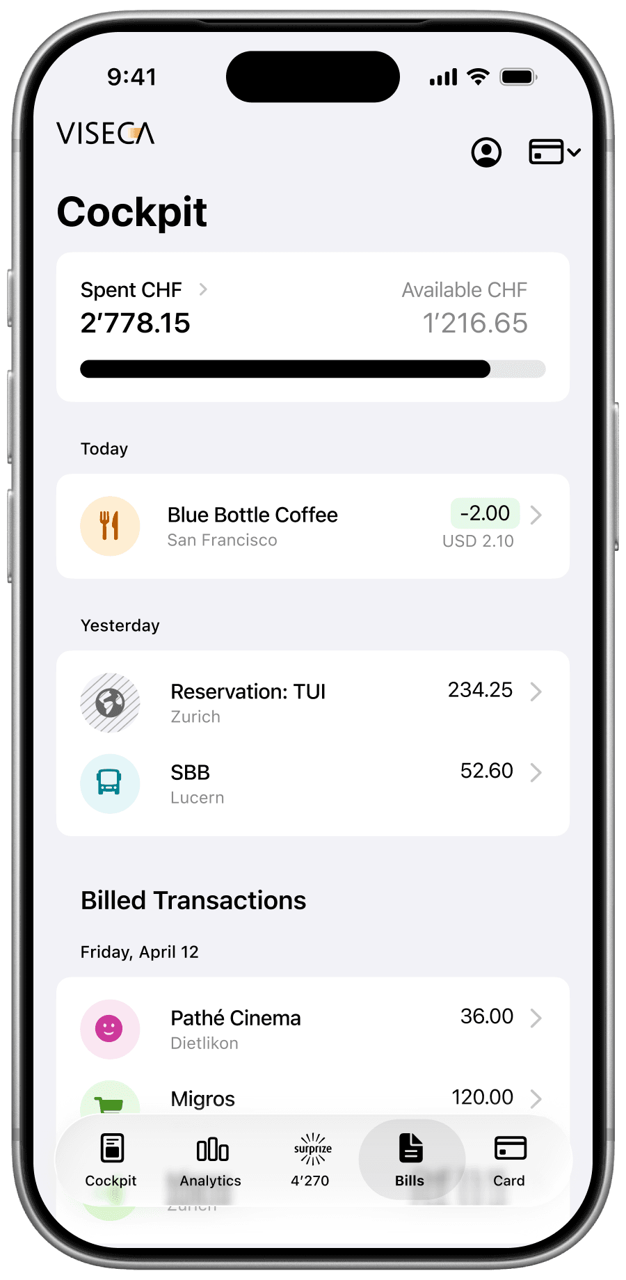Step 3: the Cockpit with spending, available amount and recent transactions