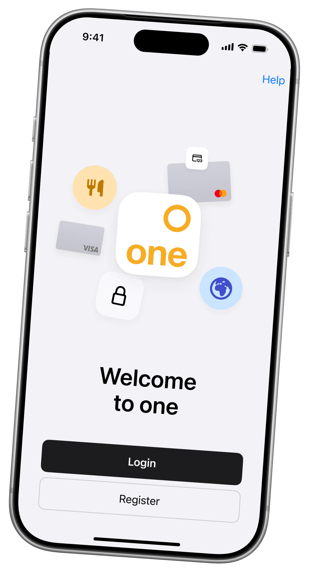 Step 1: the one app's welcome screen with Login and Register