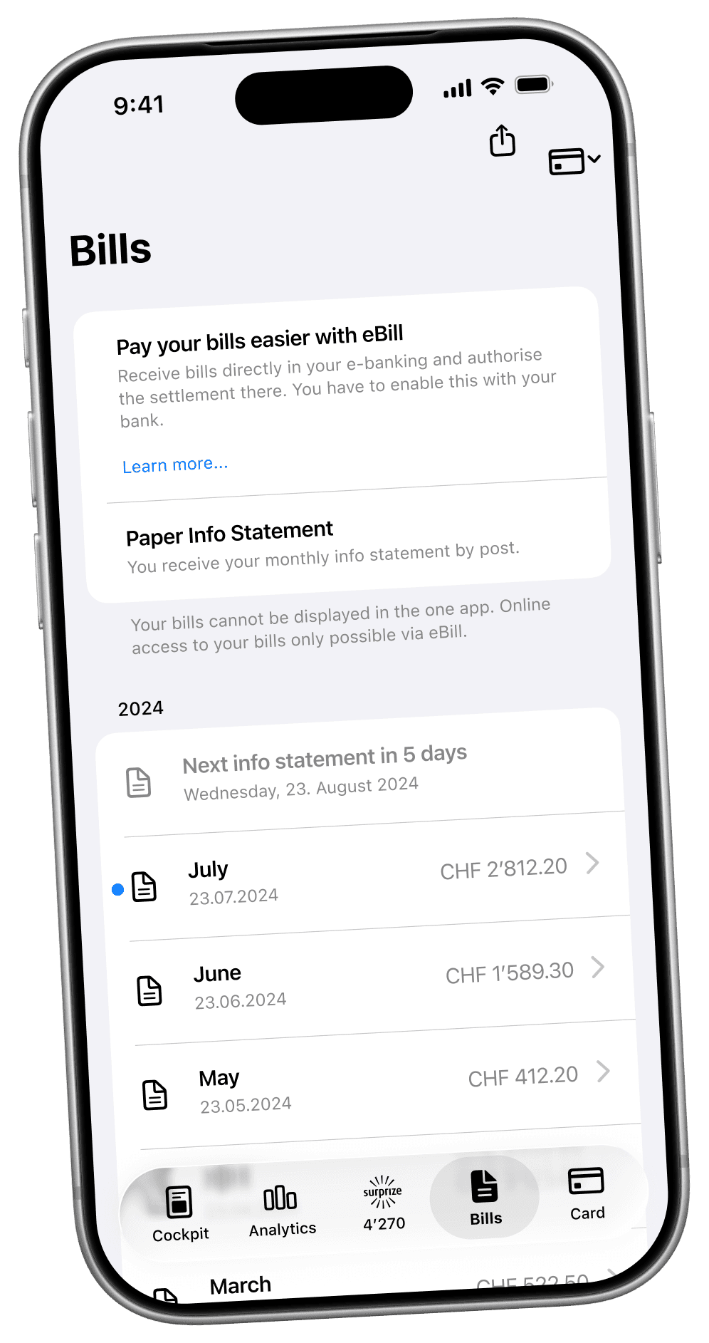 Info statements with the eBill hint and the monthly info statements of 2024