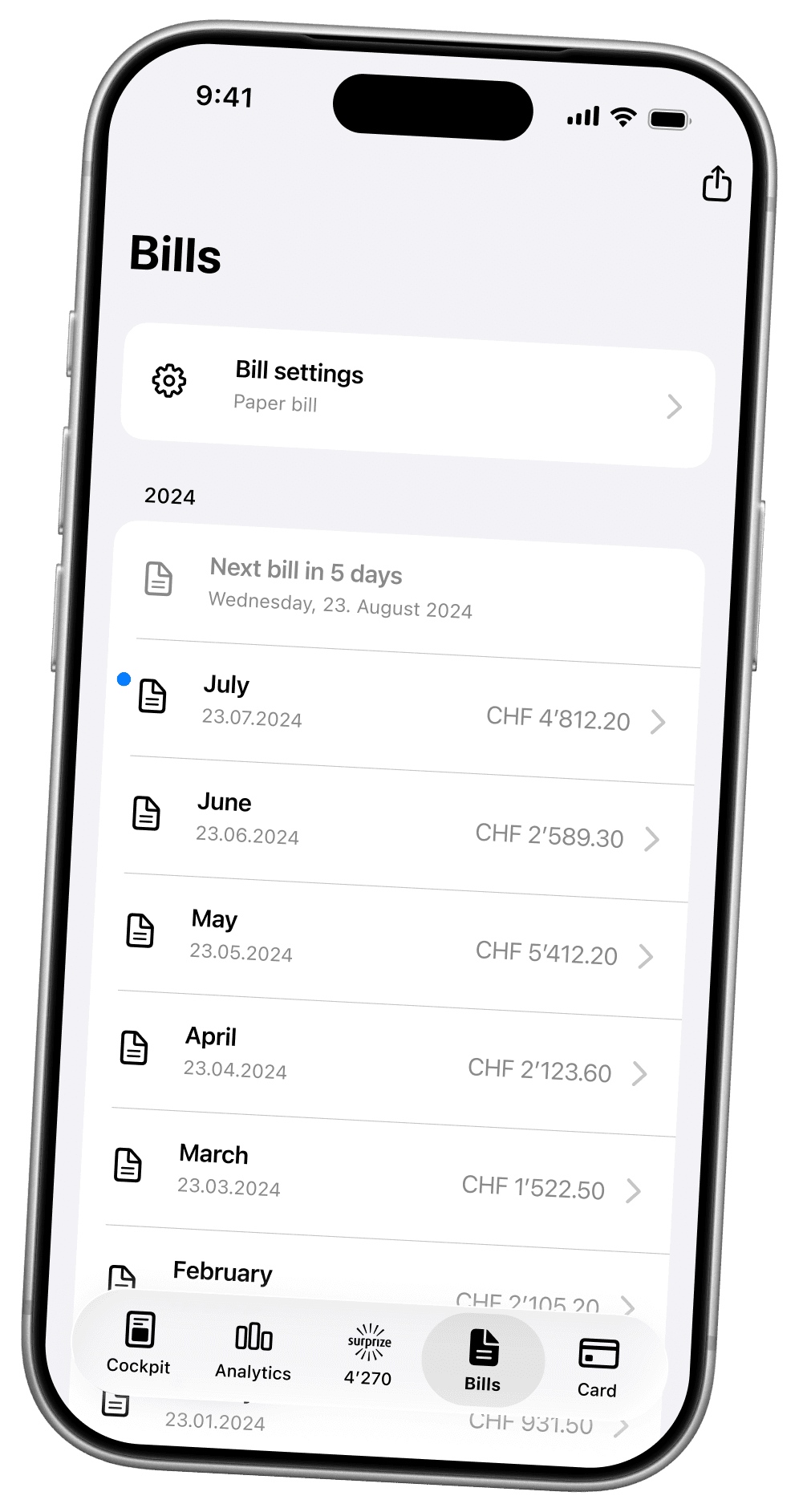 Bills overview with bill settings and the monthly invoices of 2024