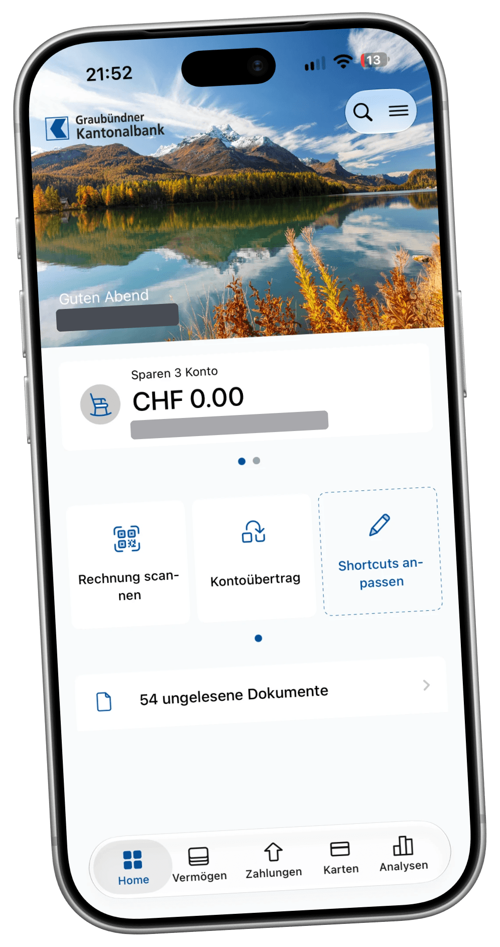 Home screen of the Graubündner Kantonalbank mobile banking app in German, with a savings account and shortcuts