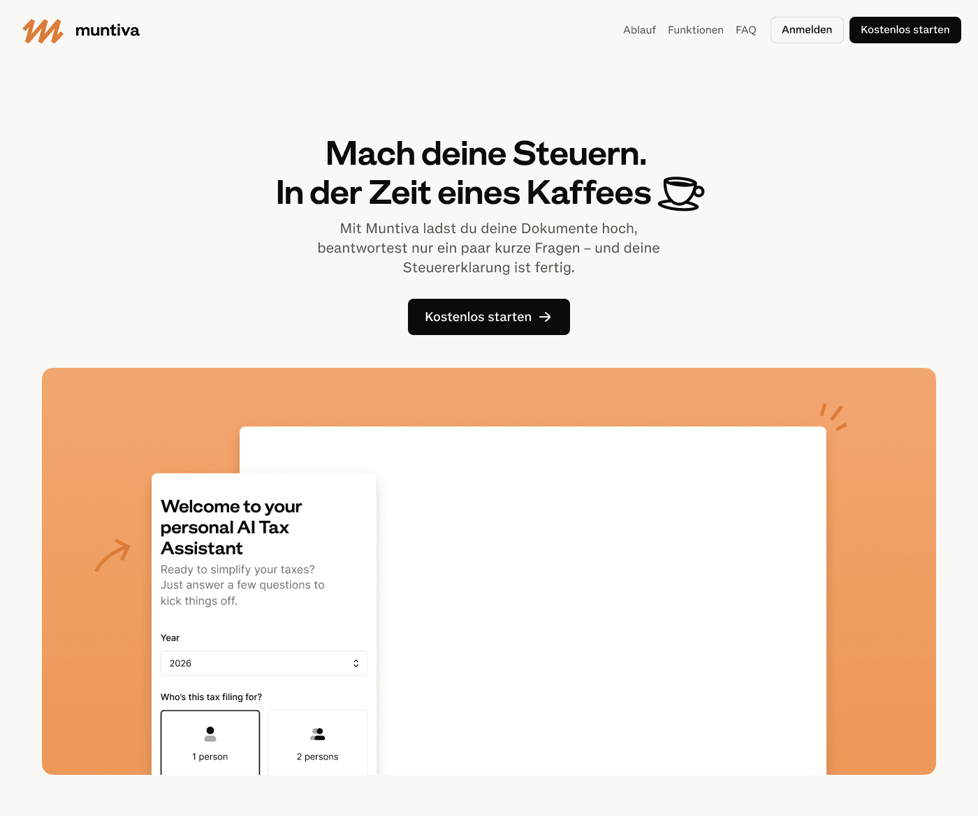 The muntiva landing page in German: do your taxes in the time it takes to drink a coffee.