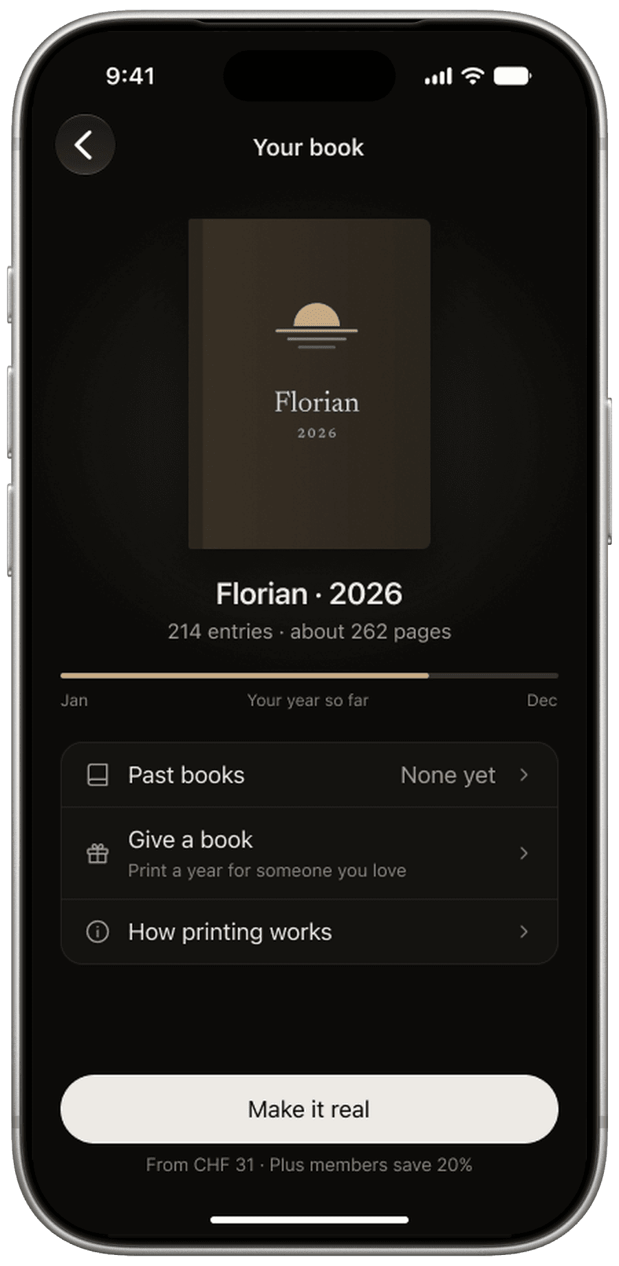 remain, “Your book”: the year's book with page count and “Make it real”