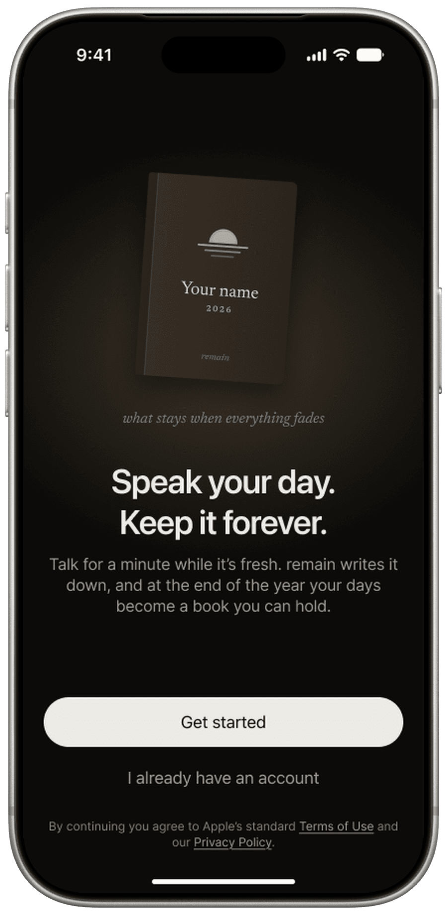 remain, onboarding: “Speak your day. Keep it forever.” with the book cover