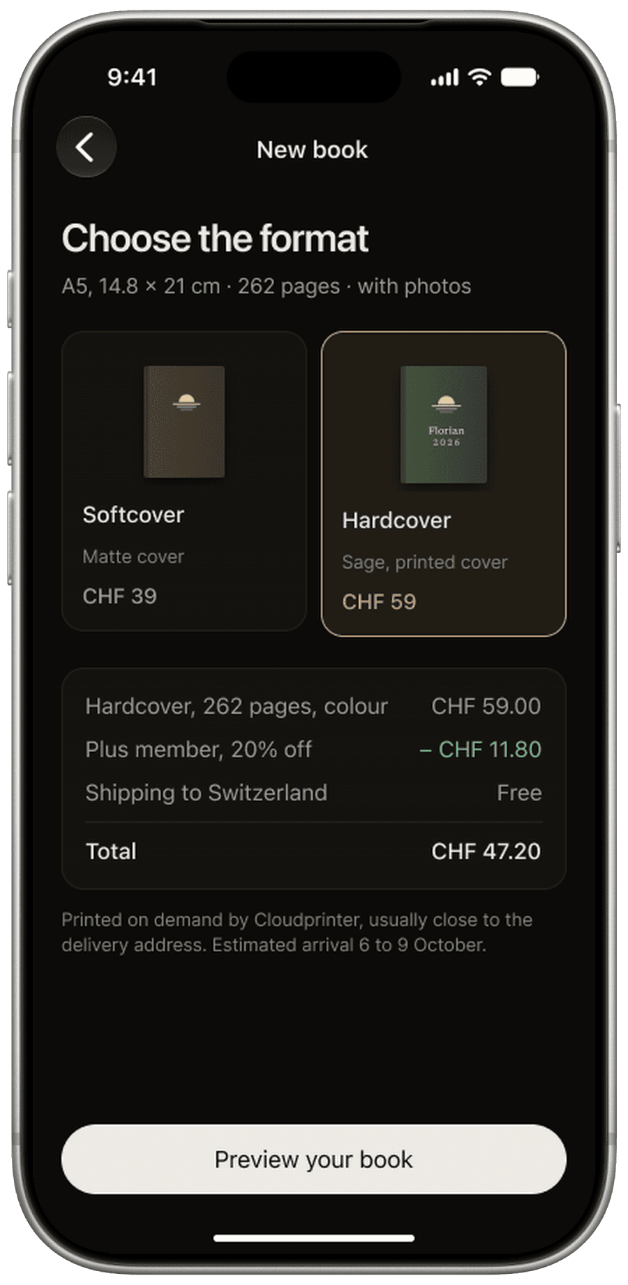 remain, “Choose the format”: softcover or hardcover with the price breakdown