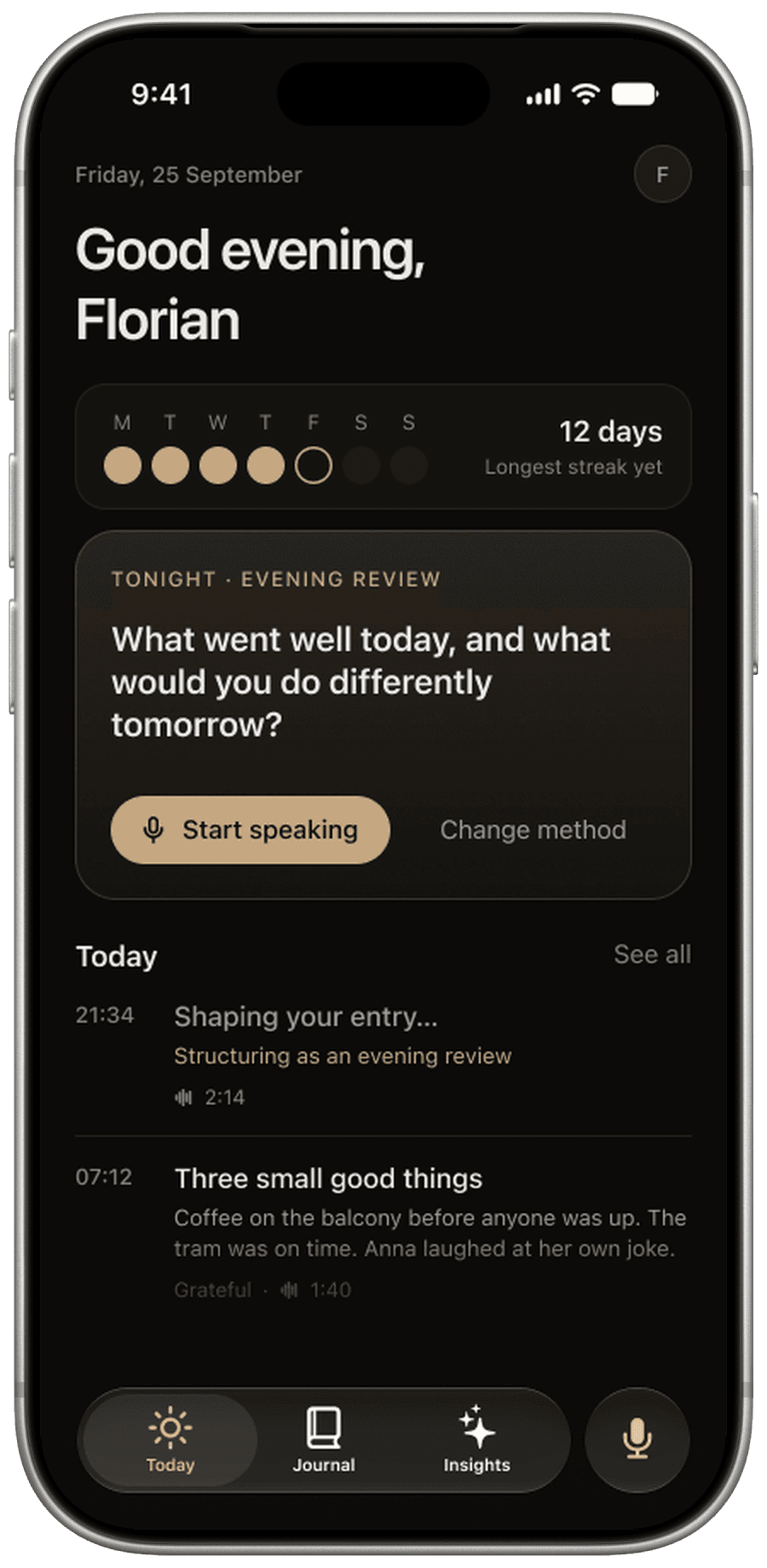 remain, Today: streak, evening review and the entries of the day