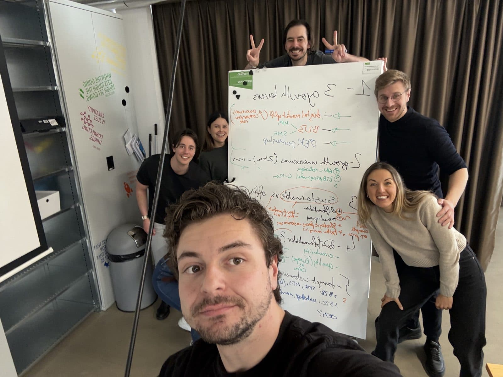 Florian Raschle takes a selfie with his team in front of a flipchart full of notes, two of them flashing peace signs