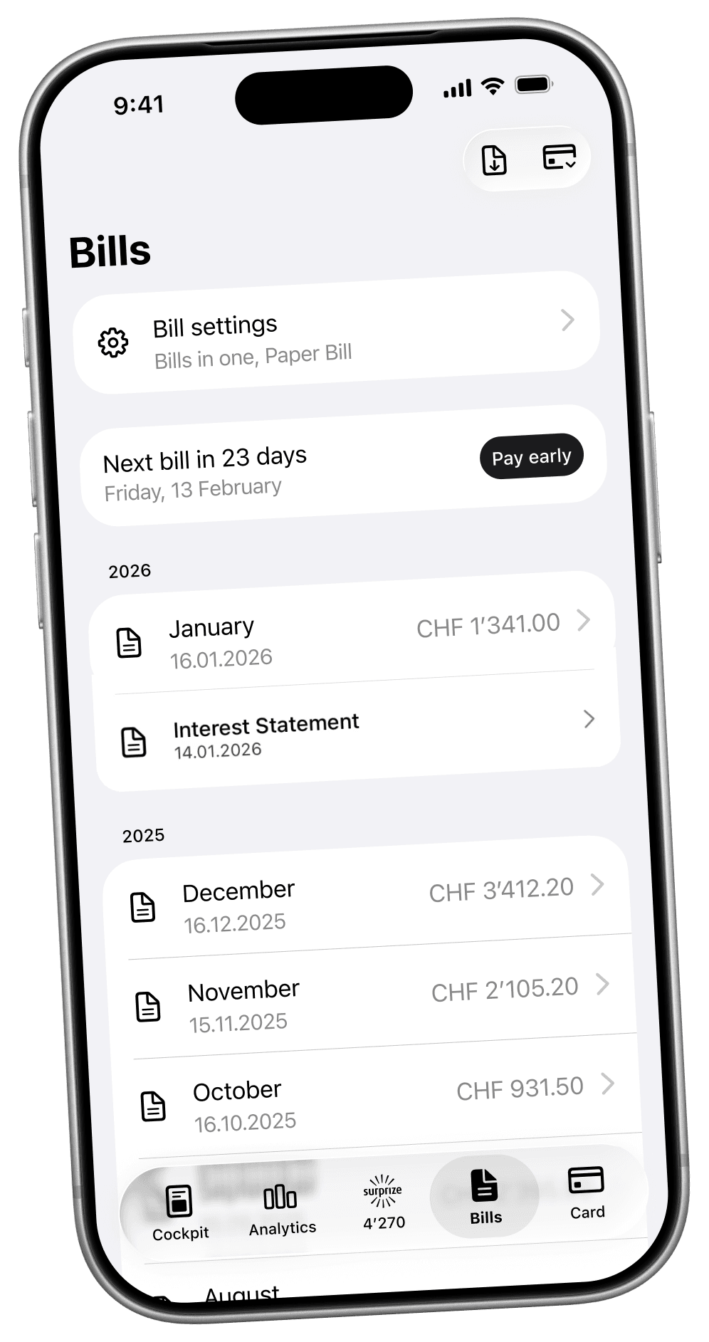 Bills overview in the one app with the interest statement of 14 January 2026