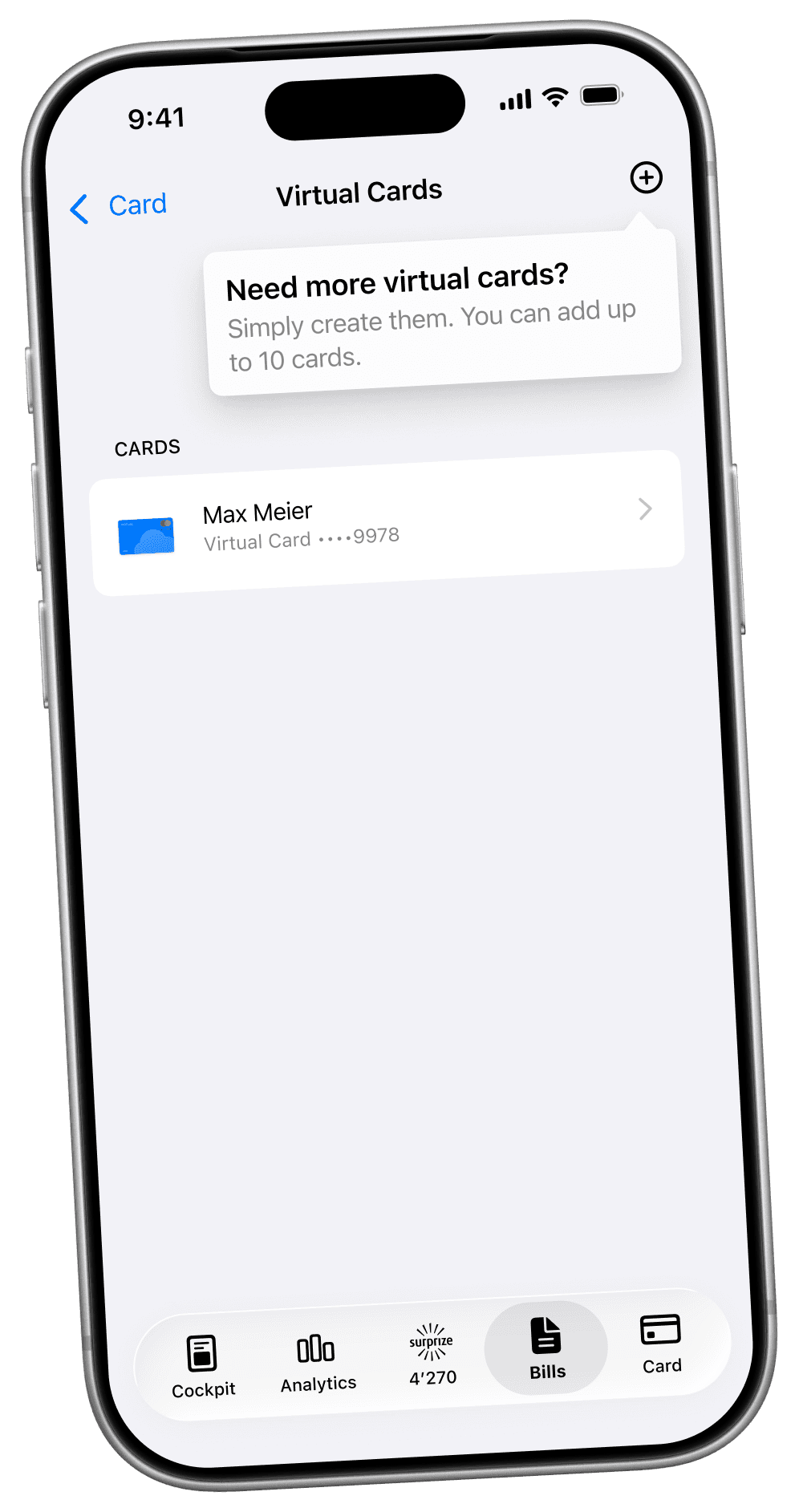 Virtual cards overview with the hint that up to ten virtual cards can be added