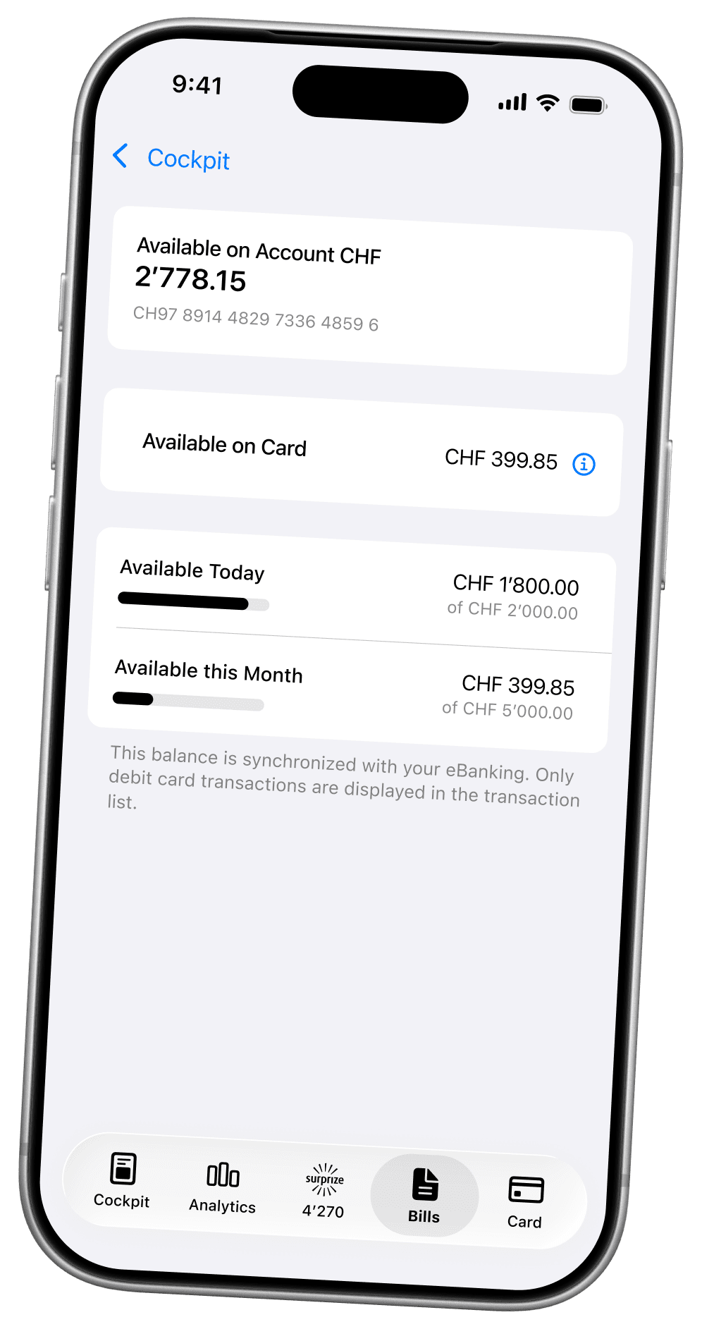 Available amount on account and card with daily and monthly limits