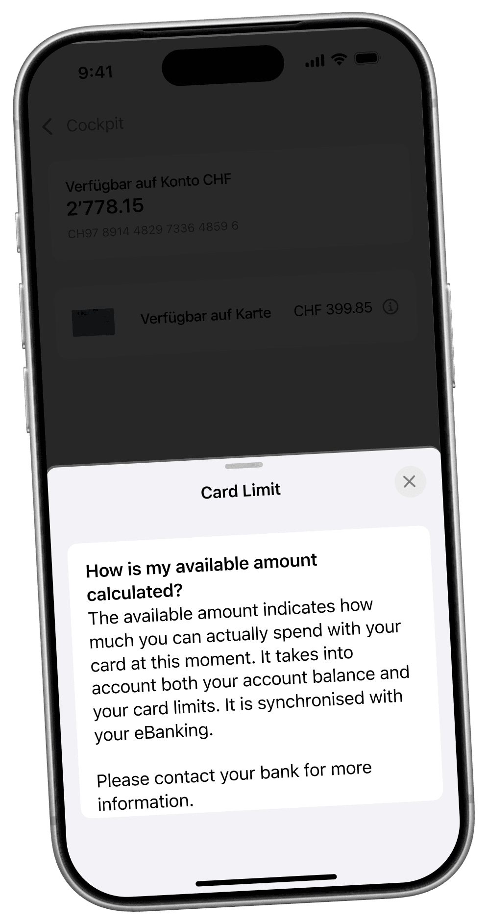 Explanation of how the available amount is calculated from balance and card limits